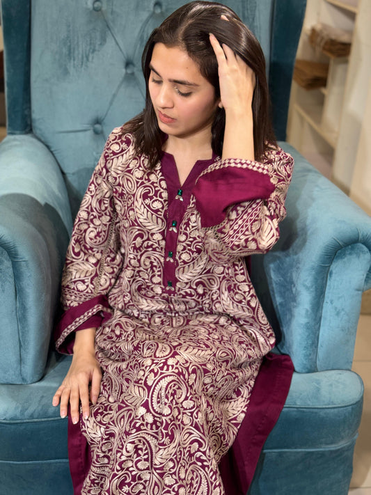 MAROON WORKED PASHMINA SHIRT